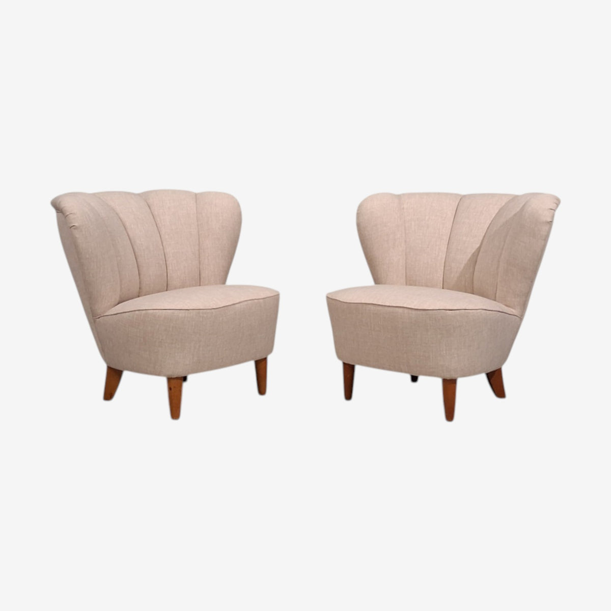 Carl-Johan Boman, Lounge Chairs, Beige Linen, Wood, Finland, 1950s