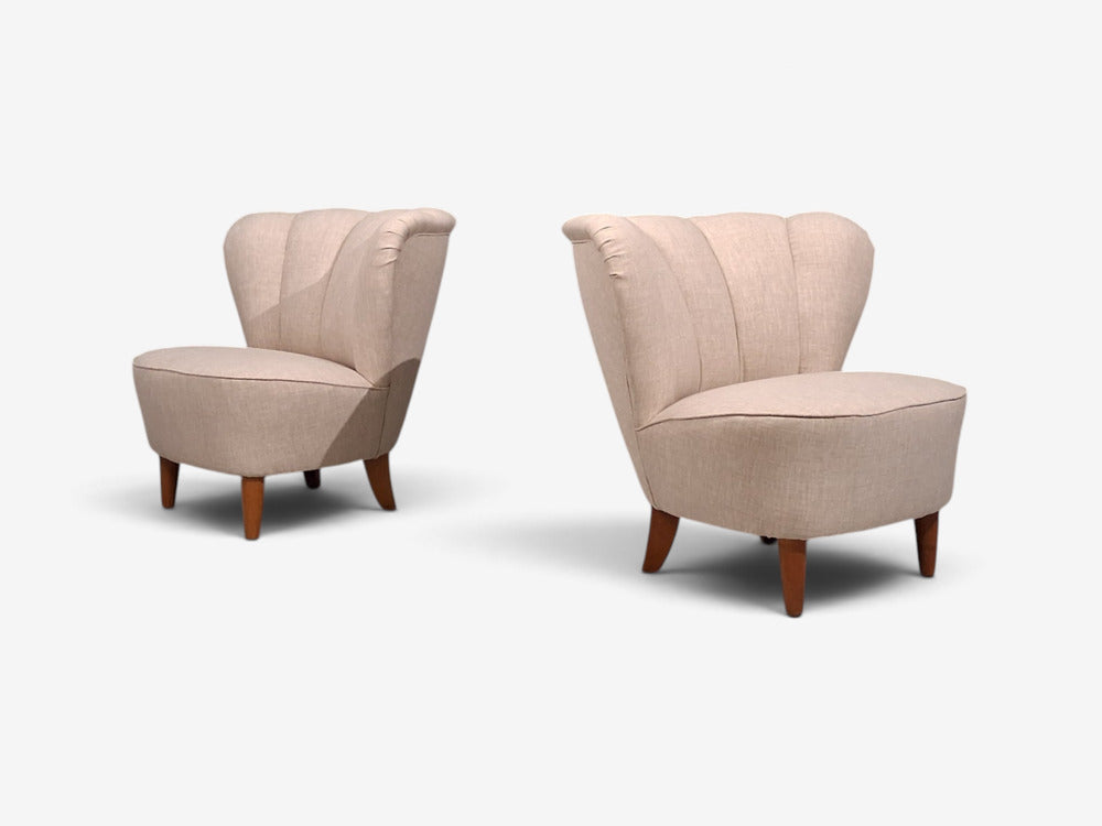 Carl-Johan Boman, Lounge Chairs, Beige Linen, Wood, Finland, 1950s