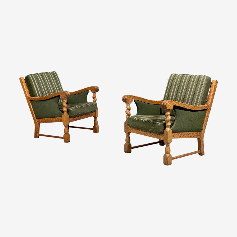 Henning Kjaernulf Style, Lounge Chairs, Oak, Fabric, Denmark, 1970s