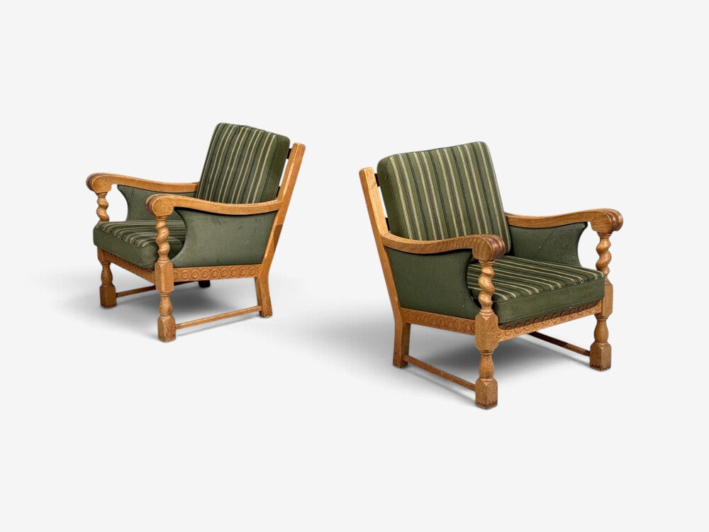 Henning Kjaernulf Style, Lounge Chairs, Oak, Fabric, Denmark, 1970s