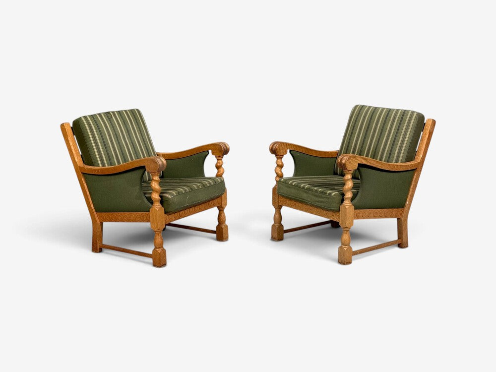 Henning Kjaernulf Style, Lounge Chairs, Oak, Fabric, Denmark, 1970s