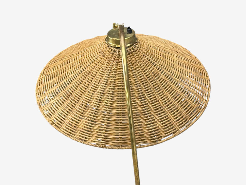 V. Soini Oy, Rare Floor Lamp, Brass, Leather, Rattan, Finland, 1950s
