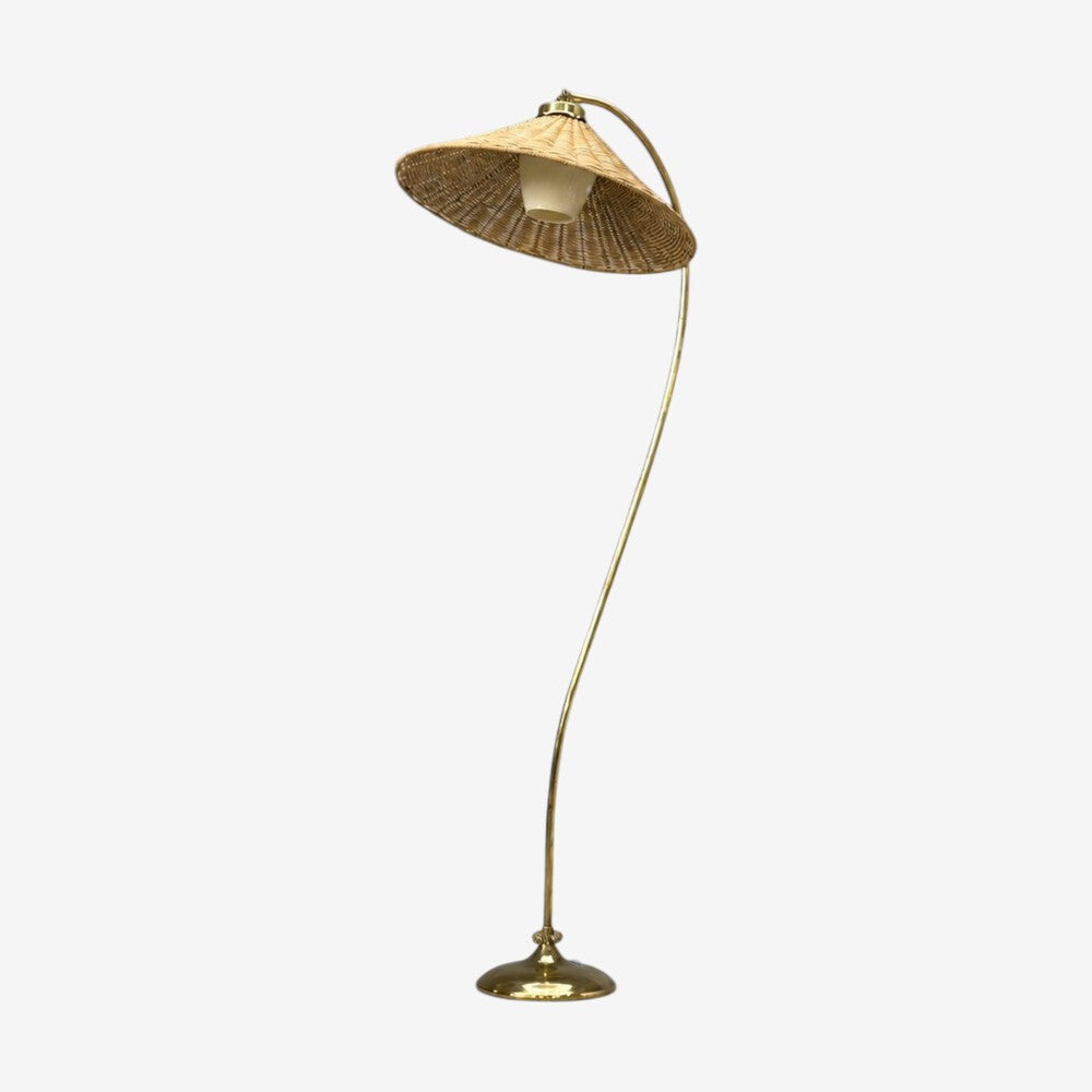 V. Soini Oy, Rare Floor Lamp, Brass, Leather, Rattan, Finland, 1950s