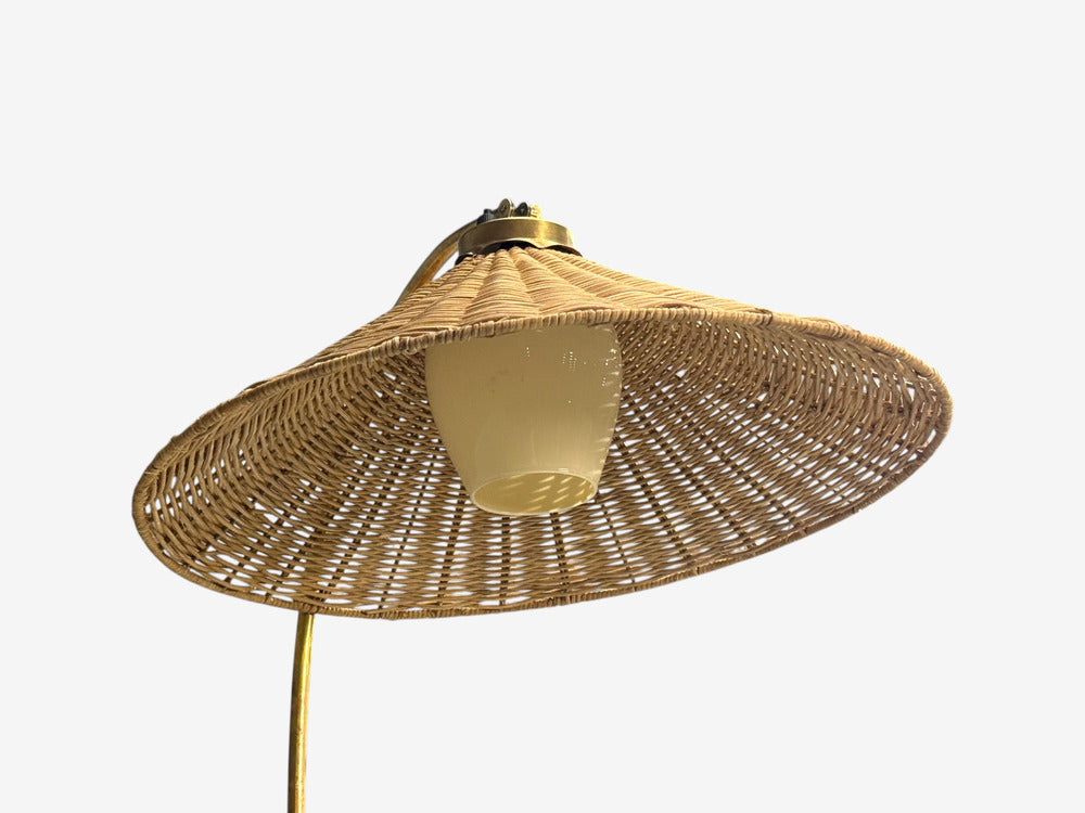 V. Soini Oy, Rare Floor Lamp, Brass, Leather, Rattan, Finland, 1950s