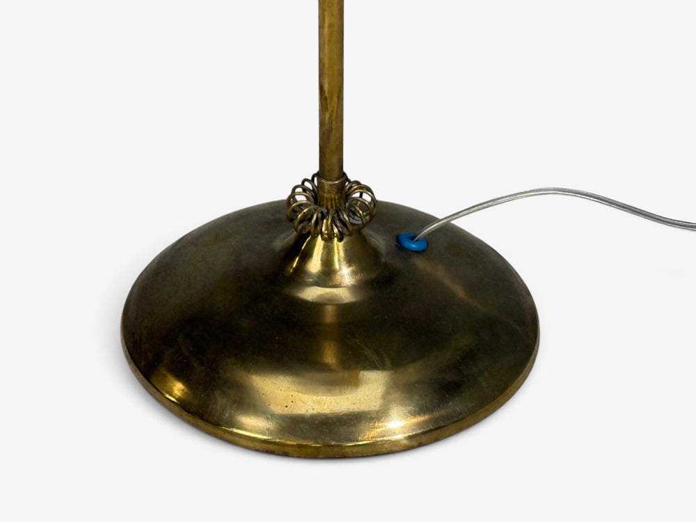 V. Soini Oy, Rare Floor Lamp, Brass, Leather, Rattan, Finland, 1950s