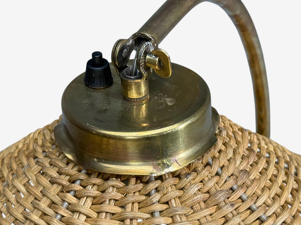 V. Soini Oy, Rare Floor Lamp, Brass, Leather, Rattan, Finland, 1950s