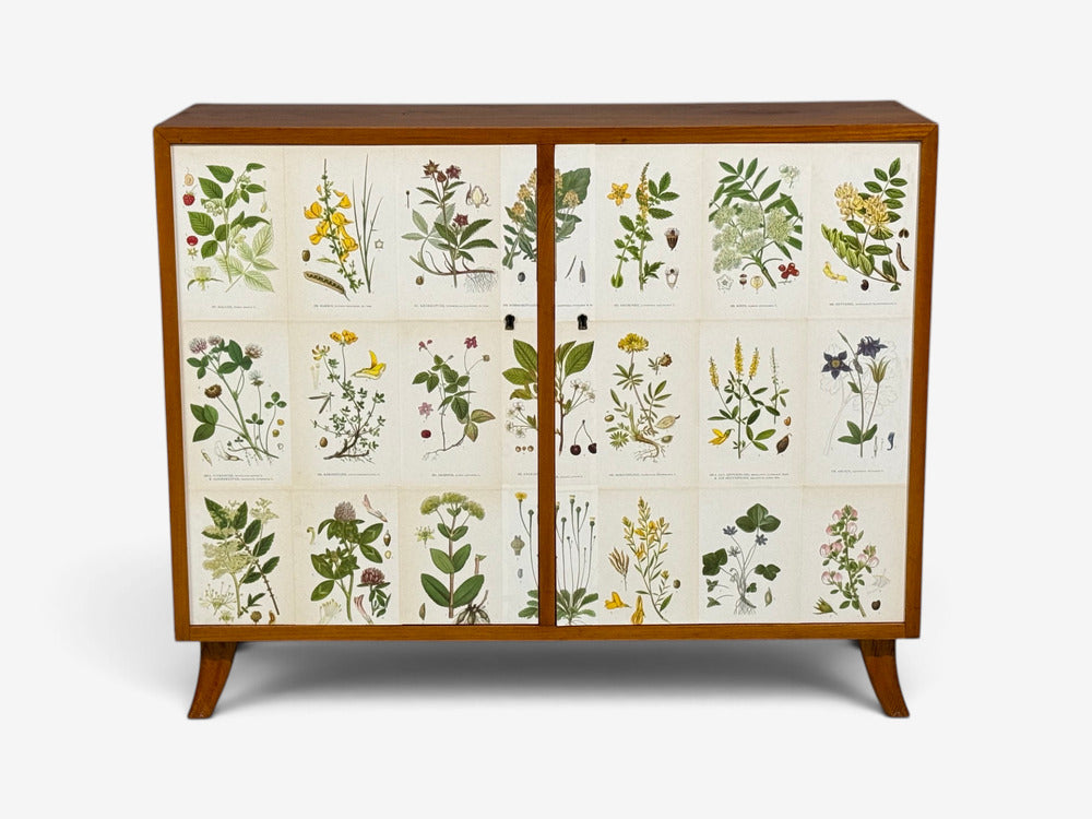 Swedish Modern, Nordens Flora Cabinet, Brass, Floral Lithographs, Sweden, 1930s