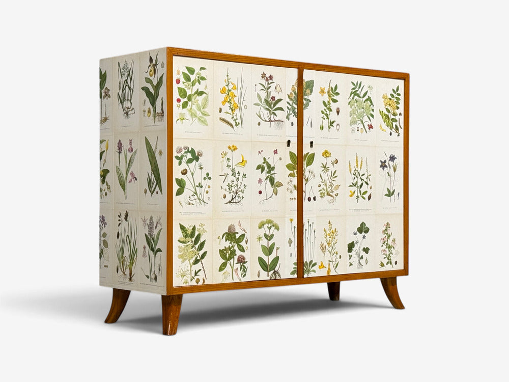 Swedish Modern, Nordens Flora Cabinet, Brass, Floral Lithographs, Sweden, 1930s