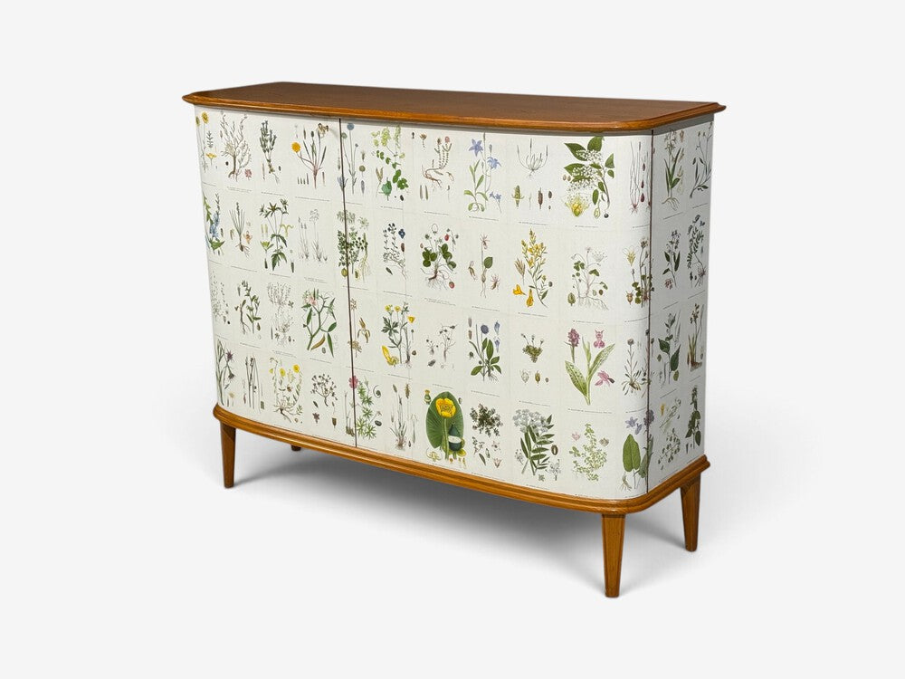Swedish Modern, Nordens Flora Cabinet, Elm, Floral Lithographs, Sweden, 1940s