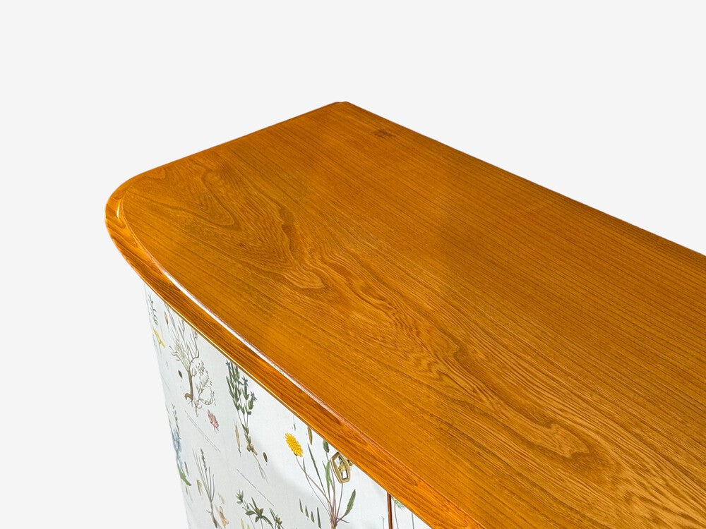 Swedish Modern, Nordens Flora Cabinet, Elm, Floral Lithographs, Sweden, 1940s