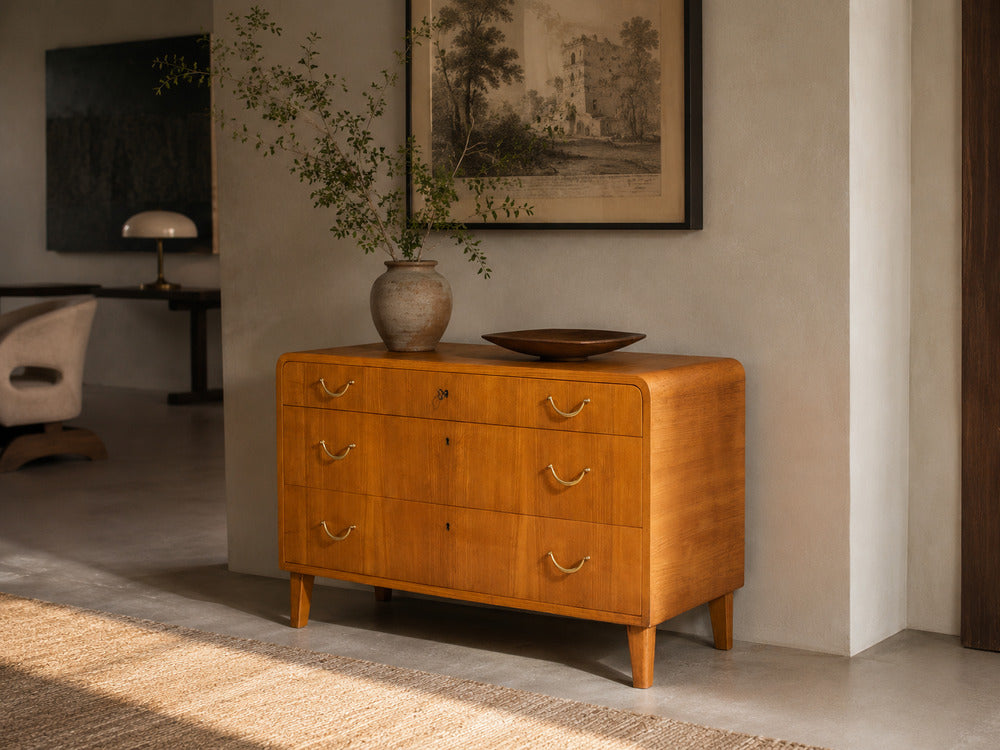 Swedish Modern, Chest of Drawers, Elm, Brass, Sweden, 1940s