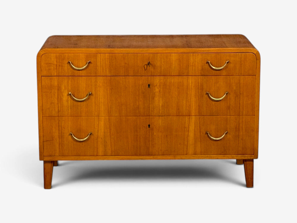 Swedish Modern, Chest of Drawers, Elm, Brass, Sweden, 1940s