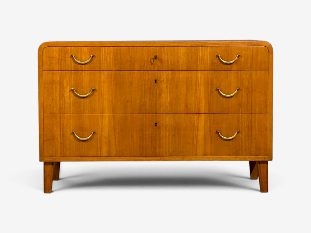 Swedish Modern, Chest of Drawers, Elm, Brass, Sweden, 1940s