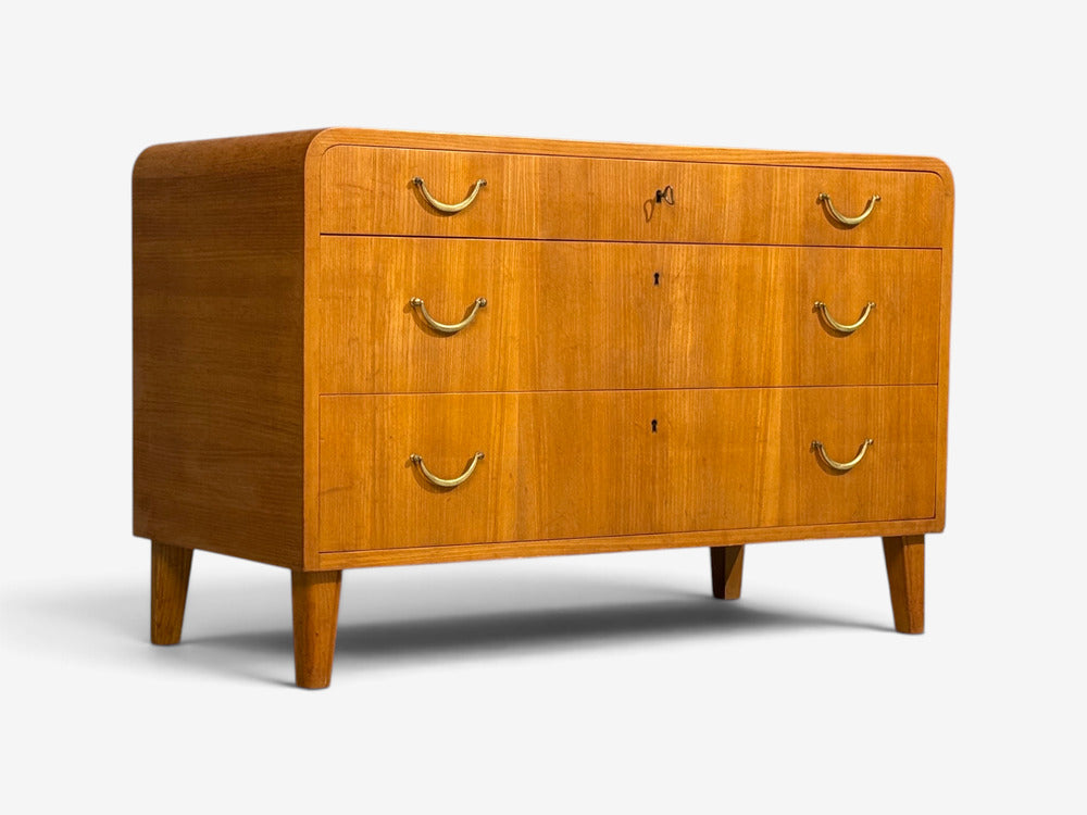 Swedish Modern, Chest of Drawers, Elm, Brass, Sweden, 1940s
