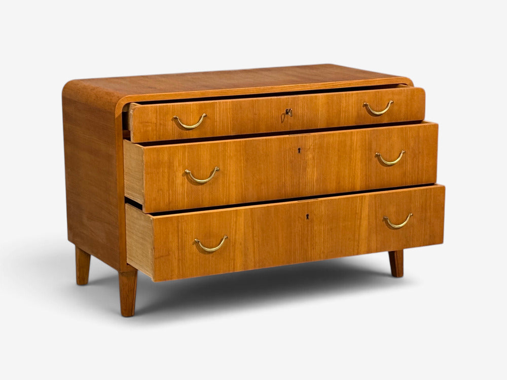 Swedish Modern, Chest of Drawers, Elm, Brass, Sweden, 1940s