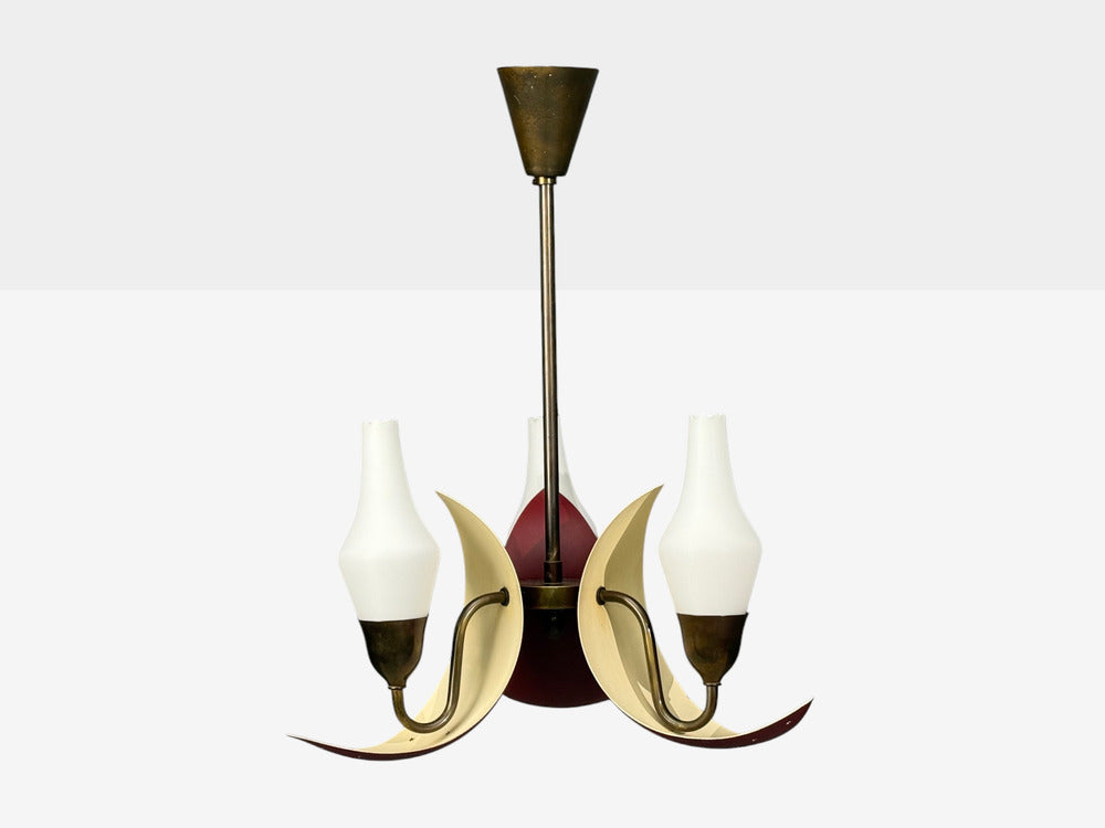 Bent Karlby, Pendant Light, Brass, Red Lacquered Metal, Glass, Denmark, 1950s
