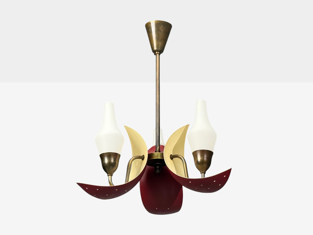 Bent Karlby, Pendant Light, Brass, Red Lacquered Metal, Glass, Denmark, 1950s