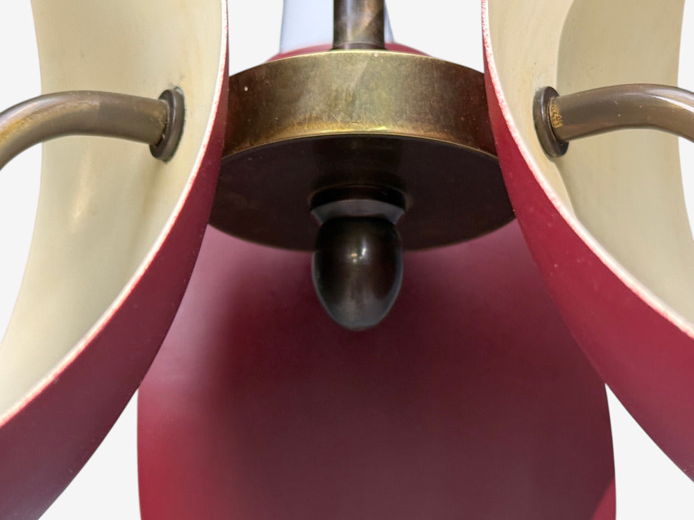 Bent Karlby, Pendant Light, Brass, Red Lacquered Metal, Glass, Denmark, 1950s