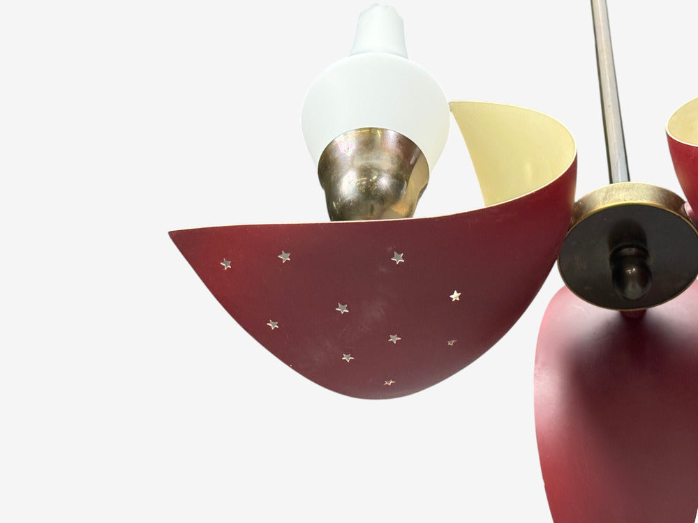 Bent Karlby, Pendant Light, Brass, Red Lacquered Metal, Glass, Denmark, 1950s