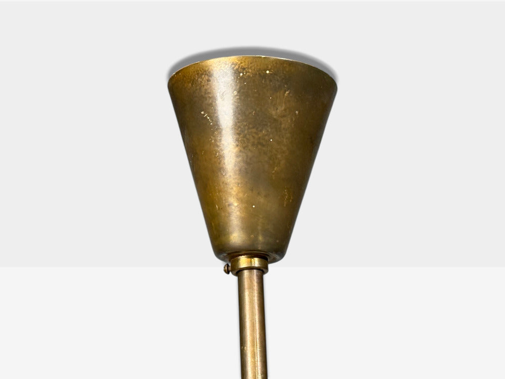 Bent Karlby, Pendant Light, Brass, Red Lacquered Metal, Glass, Denmark, 1950s