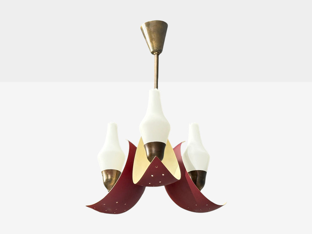 Bent Karlby, Pendant Light, Brass, Red Lacquered Metal, Glass, Denmark, 1950s