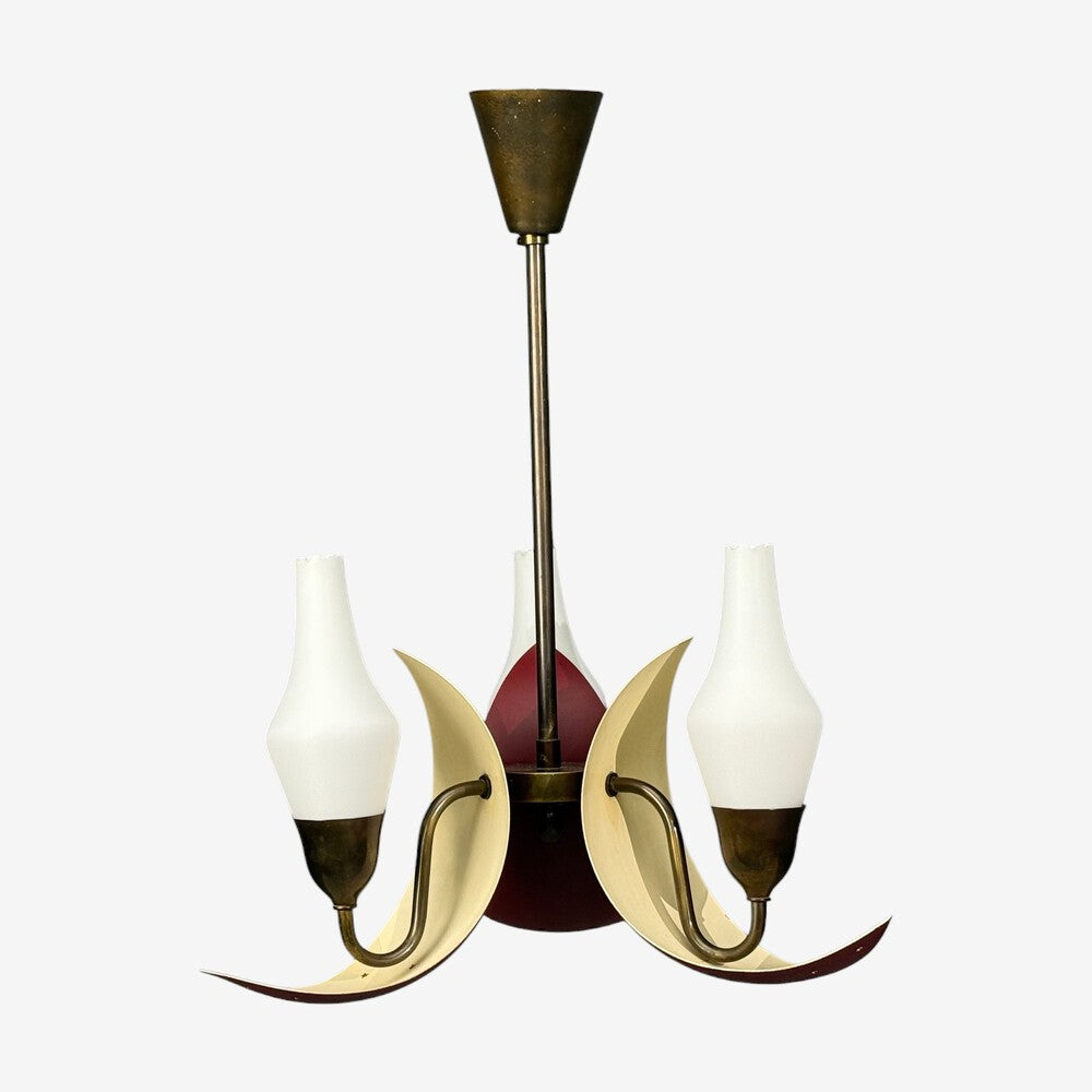 Bent Karlby, Pendant Light, Brass, Red Lacquered Metal, Glass, Denmark, 1950s