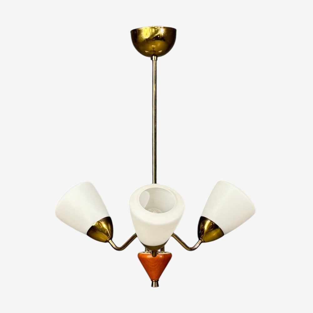 Swedish Modern, Pendant Light, Brass, Glass, Teak, Sweden, 1950s