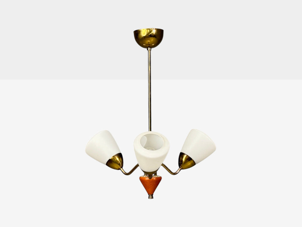 Swedish Modern, Pendant Light, Brass, Glass, Teak, Sweden, 1950s