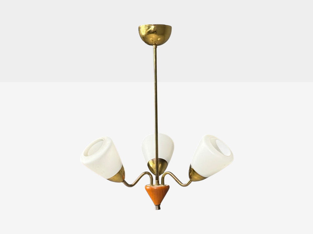Swedish Modern, Pendant Light, Brass, Glass, Teak, Sweden, 1950s