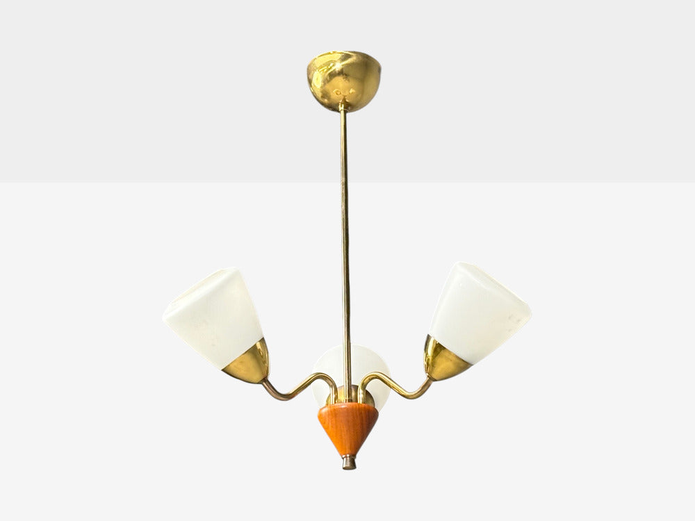 Swedish Modern, Pendant Light, Brass, Glass, Teak, Sweden, 1950s