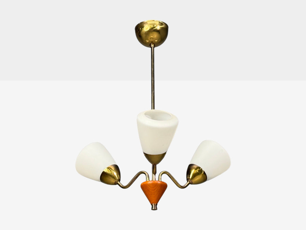Swedish Modern, Pendant Light, Brass, Glass, Teak, Sweden, 1950s