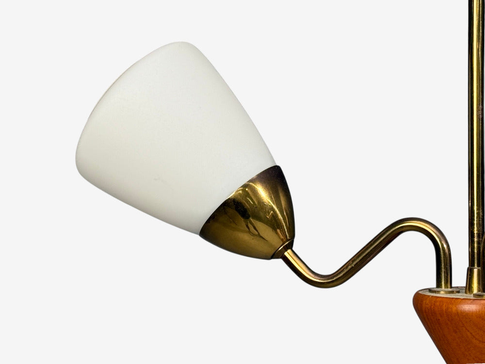 Swedish Modern, Pendant Light, Brass, Glass, Teak, Sweden, 1950s