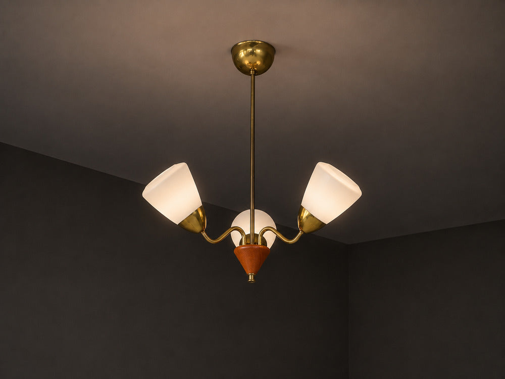 Swedish Modern, Pendant Light, Brass, Glass, Teak, Sweden, 1950s