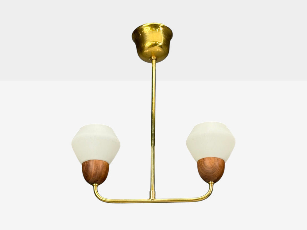 Swedish Modern, Pendant Light, Teak, Opal Glass, Brass, Sweden, 1960s
