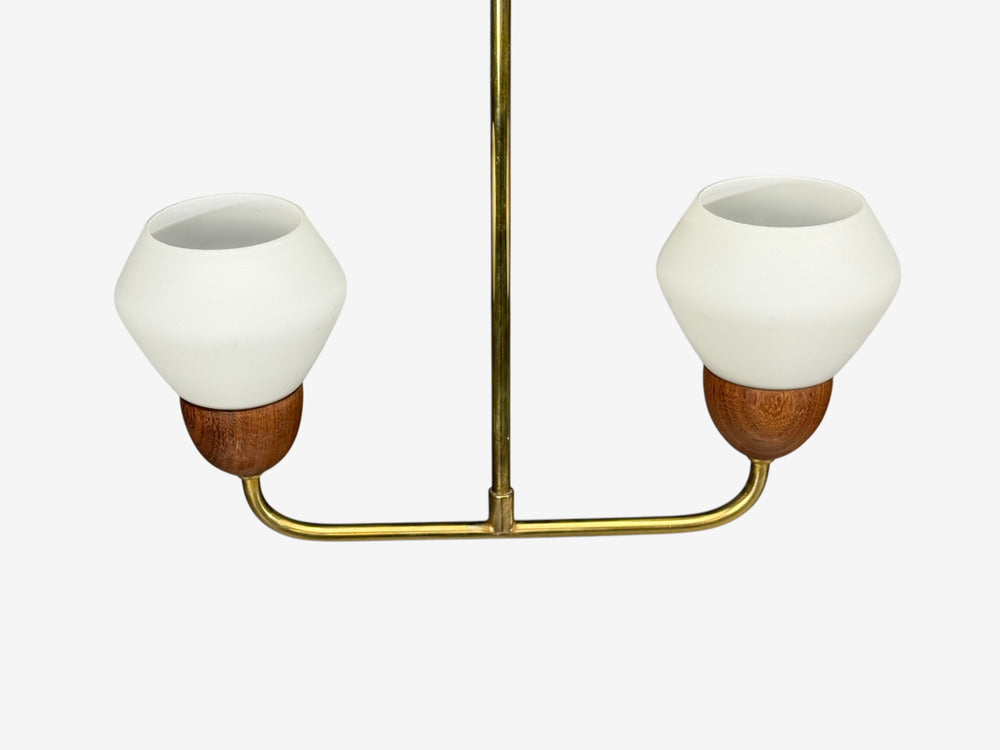Swedish Modern, Pendant Light, Teak, Opal Glass, Brass, Sweden, 1960s