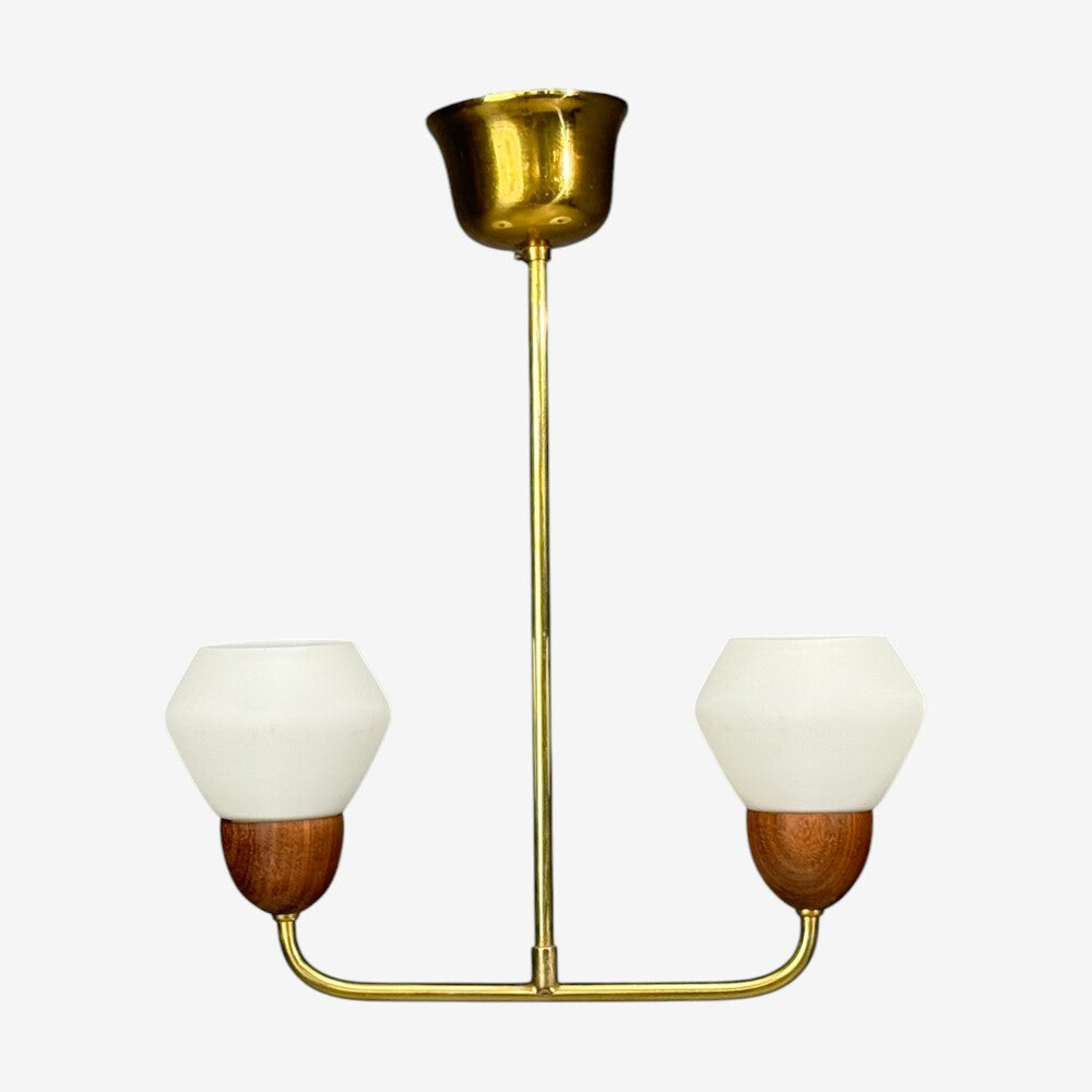 Swedish Modern, Pendant Light, Teak, Opal Glass, Brass, Sweden, 1960s