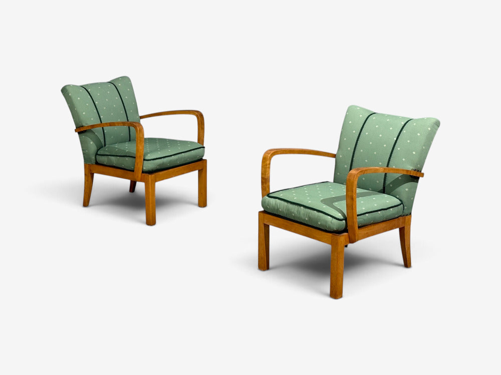 Swedish Modern, Lounge Chairs, Hardwood, Fabric, Sweden, 1940s