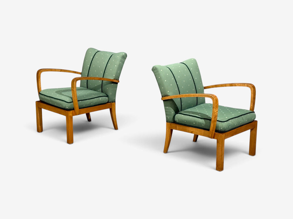 Swedish Modern, Lounge Chairs, Hardwood, Fabric, Sweden, 1940s