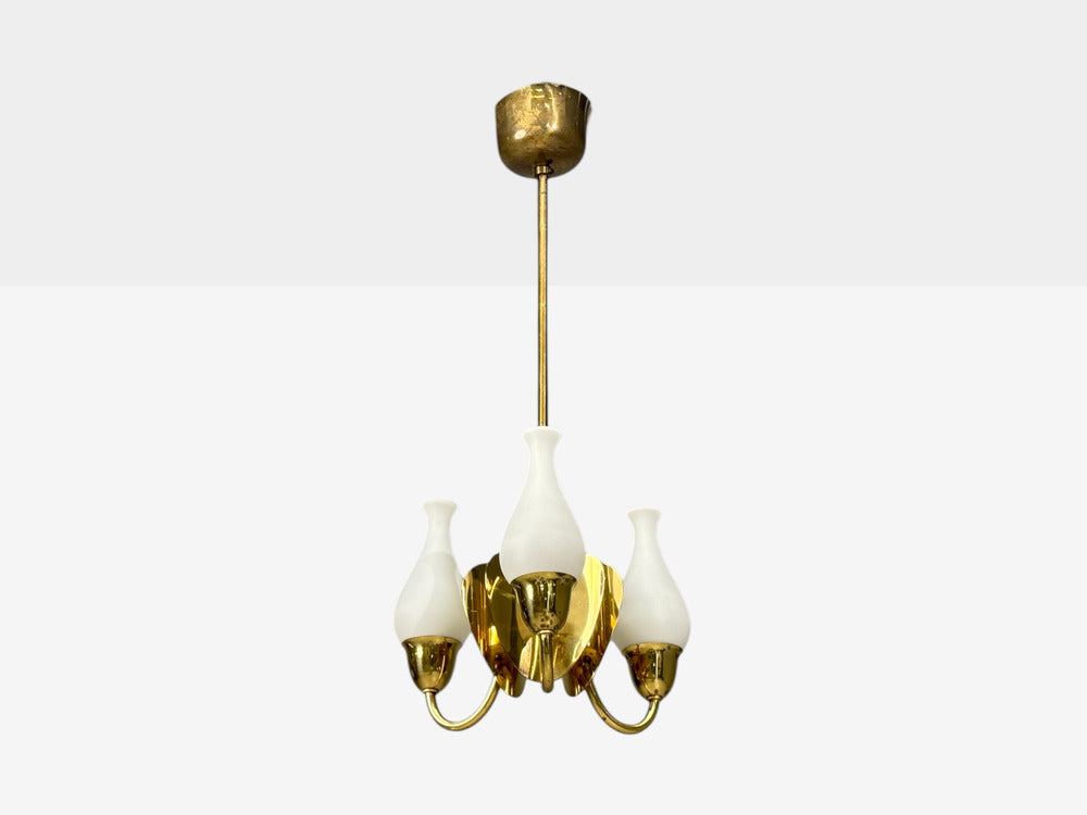 Danish Moden, Pendant Light, Polished Brass, Opal Glass, Denmark, 1950s