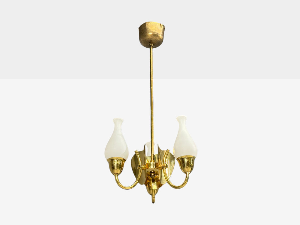 Danish Moden, Pendant Light, Polished Brass, Opal Glass, Denmark, 1950s