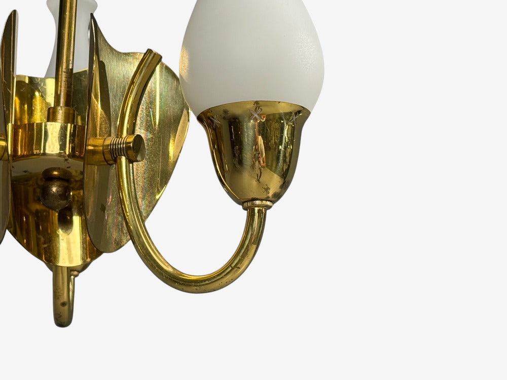 Danish Moden, Pendant Light, Polished Brass, Opal Glass, Denmark, 1950s