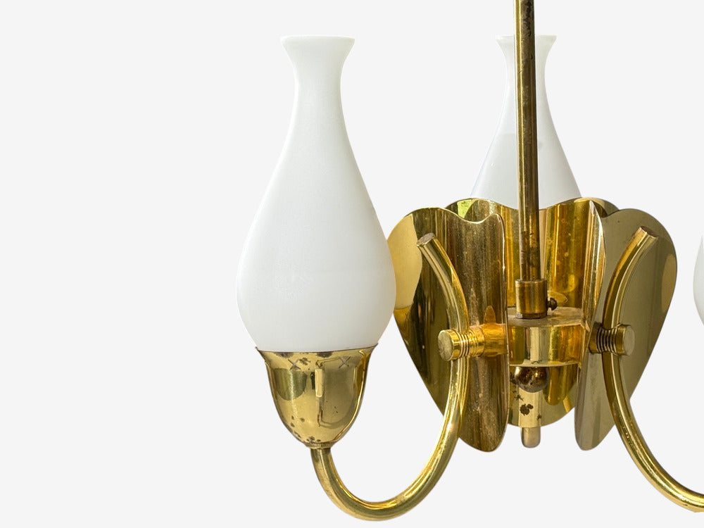 Danish Moden, Pendant Light, Polished Brass, Opal Glass, Denmark, 1950s