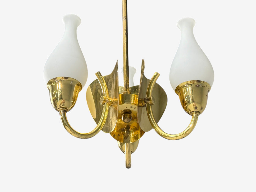 Danish Moden, Pendant Light, Polished Brass, Opal Glass, Denmark, 1950s