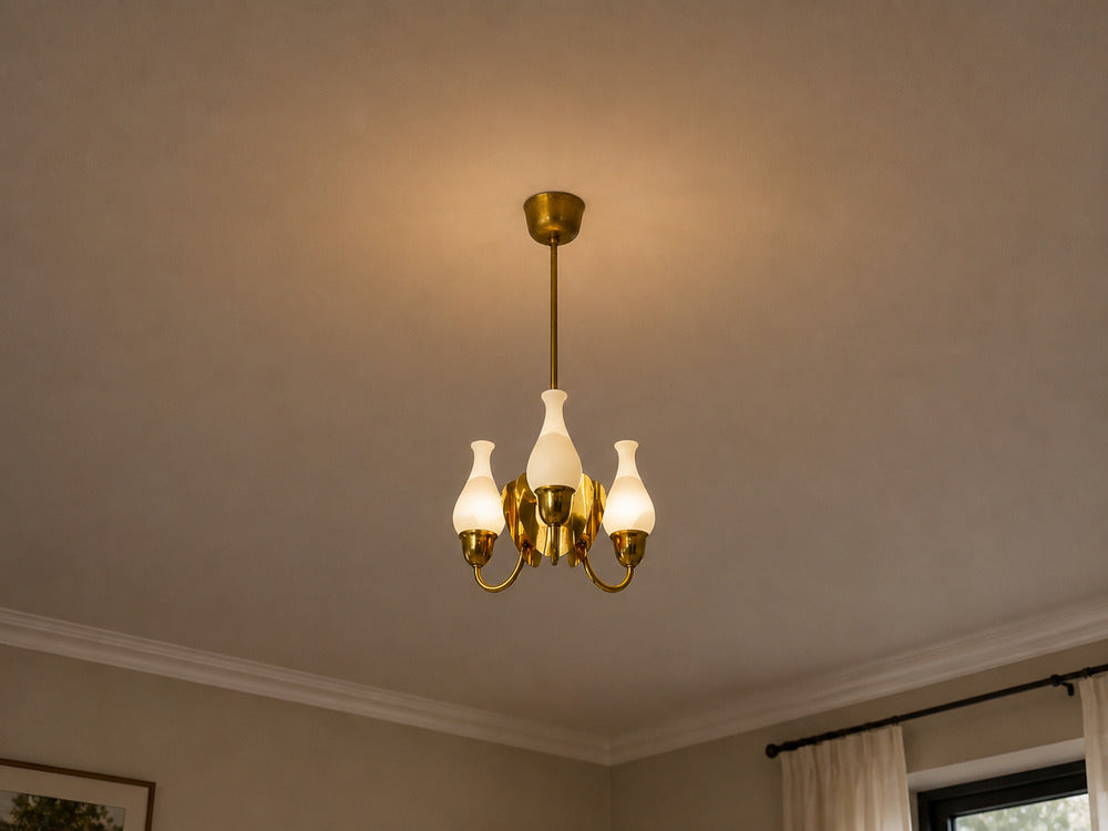 Danish Moden, Pendant Light, Polished Brass, Opal Glass, Denmark, 1950s