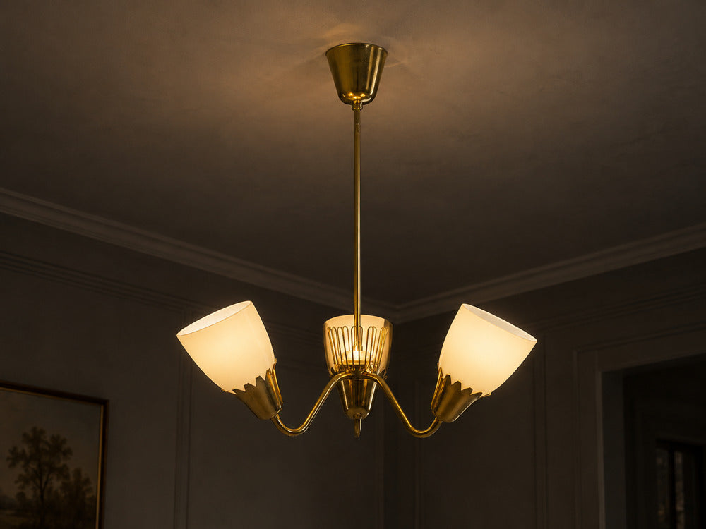Hans Bergstrom attr, Pendant Light, Brass, Glass, Sweden, 1940s