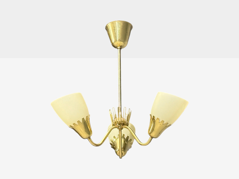 Hans Bergstrom attr, Pendant Light, Brass, Glass, Sweden, 1940s