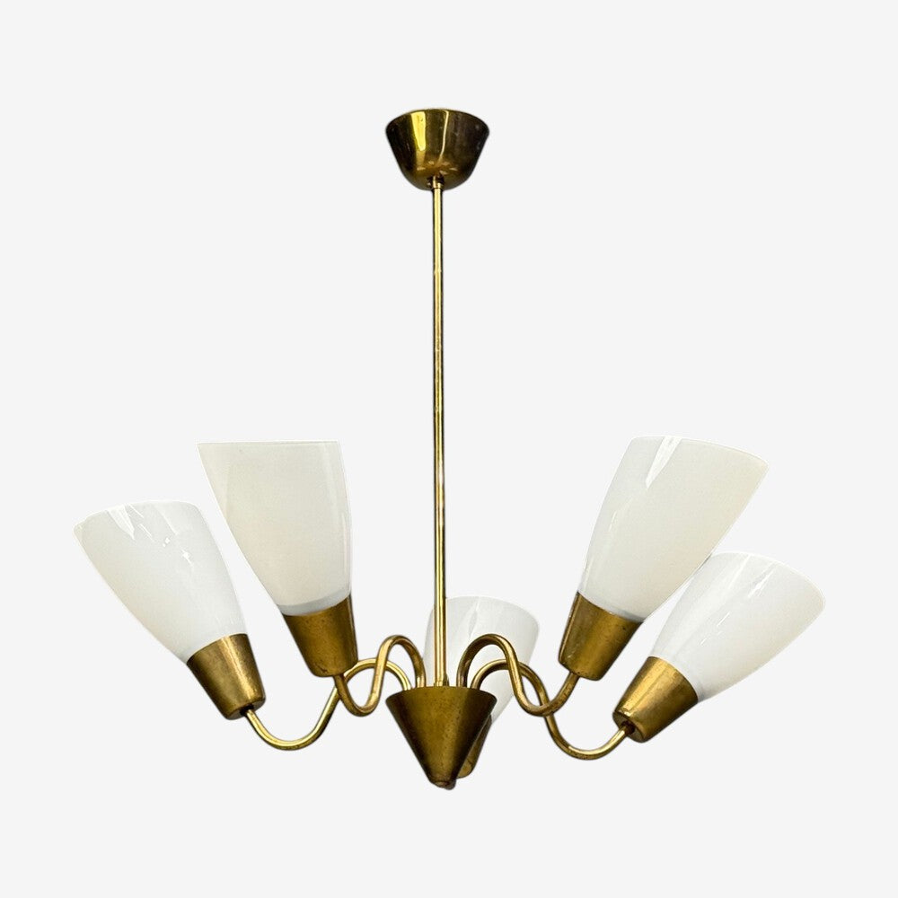 Itsu, Finnish Modern, Chandelier, Brass, Glass, Finland, 1940s