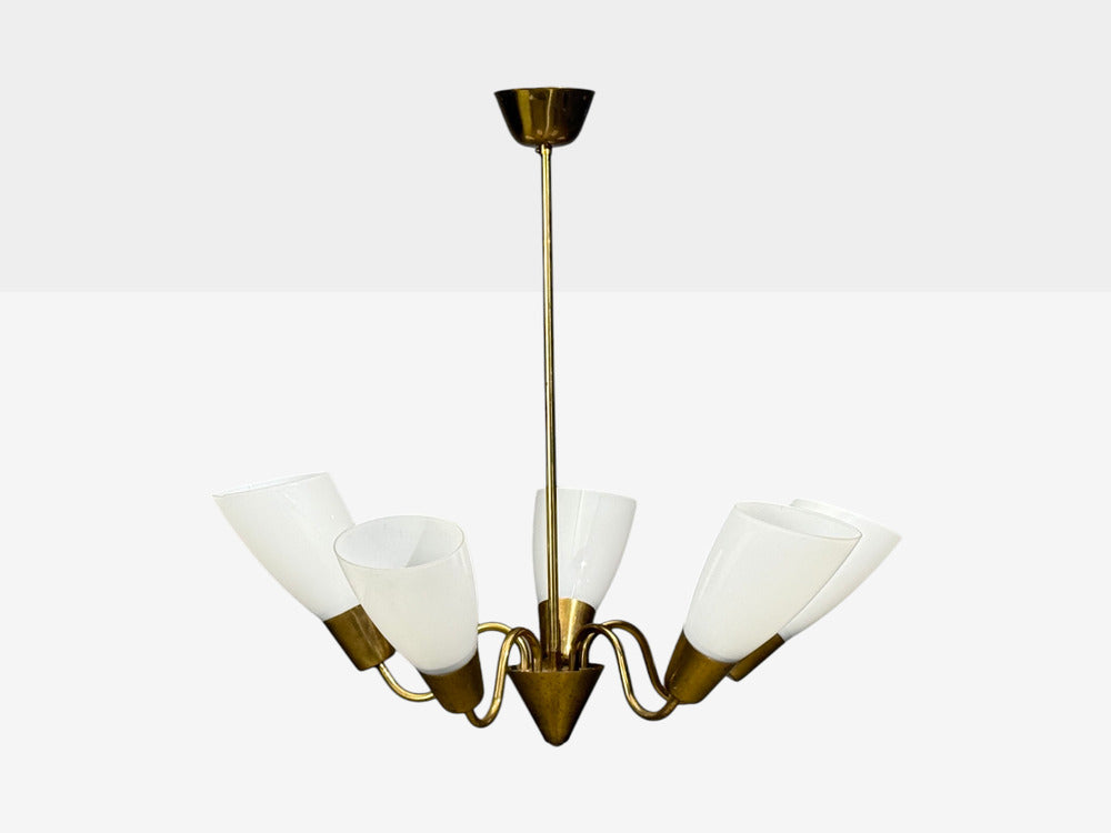 Itsu, Finnish Modern, Chandelier, Brass, Glass, Finland, 1940s