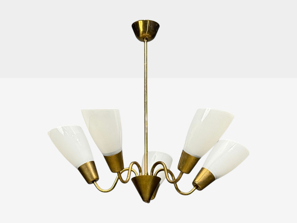 Itsu, Finnish Modern, Chandelier, Brass, Glass, Finland, 1940s