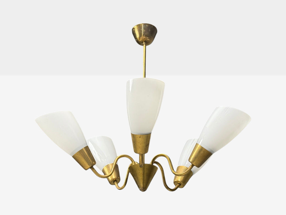 Itsu, Finnish Modern, Chandelier, Brass, Glass, Finland, 1940s